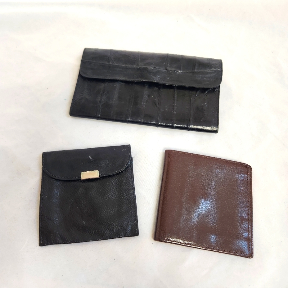 Vintage Leather Black Change Coin, Brown Wallet and Eel Skin Wallet